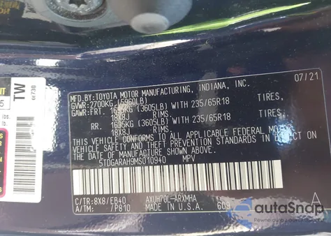 2021 Toyota Highlander Hybrid Xle z USA, uszkodzony, nr VIN 5TDGARAH9MS010940